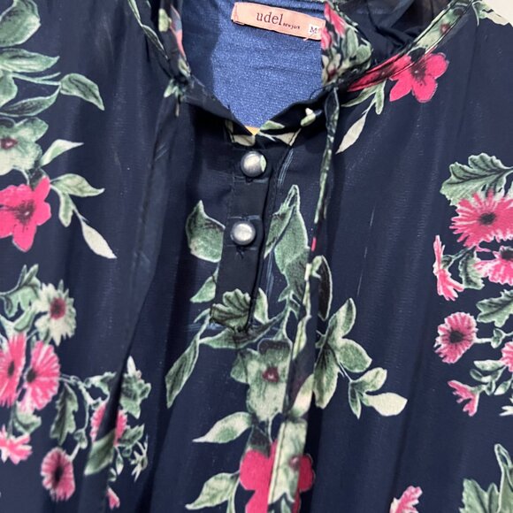 Udel Maxi Dress Blue Floral Modest Smocked Waist Women's Medium Chiffon Tiered - Picture 5 of 7